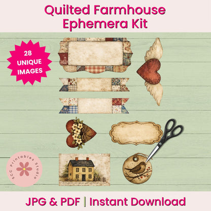 Quilted Farmhouse Ephemera Kit with various decorative elements on a wooden background