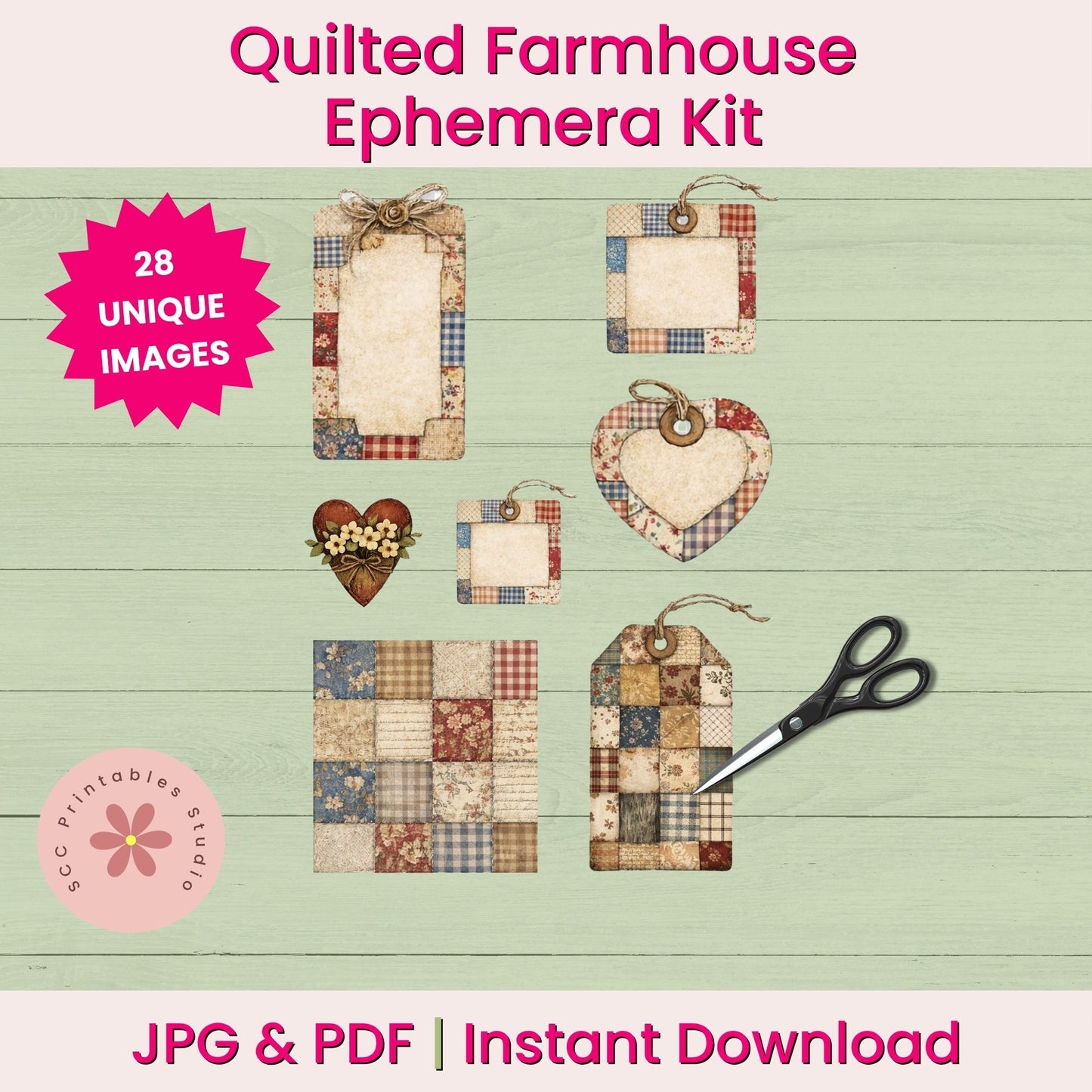 Quilted Farmhouse Ephemera Kit with various decorative items on a wooden background