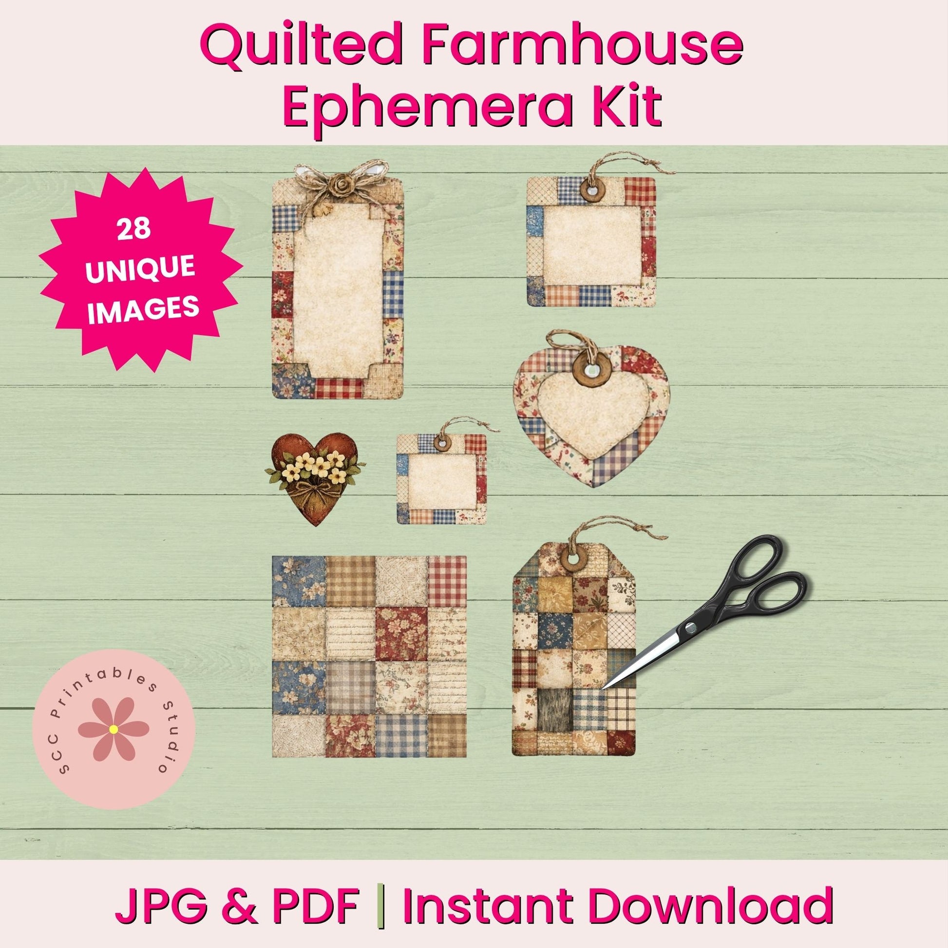 Quilted Farmhouse Ephemera Kit with various decorative items on a wooden background