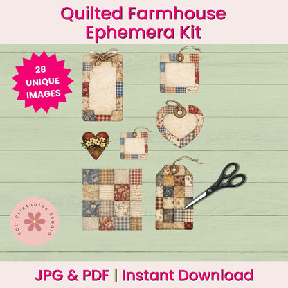 Quilted Farmhouse Ephemera Kit with various decorative items on a wooden background