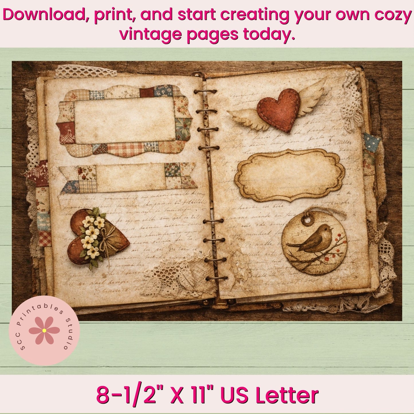 Vintage-style scrapbook with decorative elements on a light green background