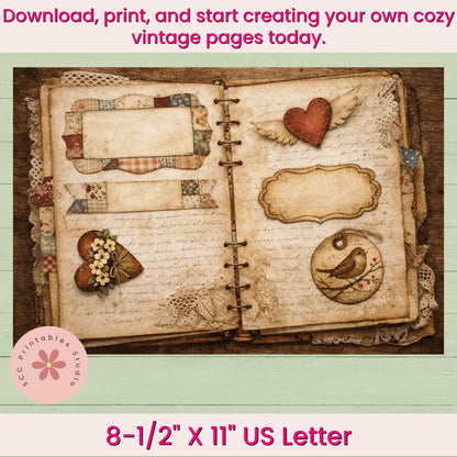 Vintage-style scrapbook with decorative elements on a light green background