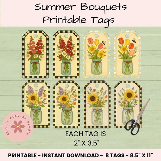 Set of summer bouquet printable tags with scissors on a green wooden background