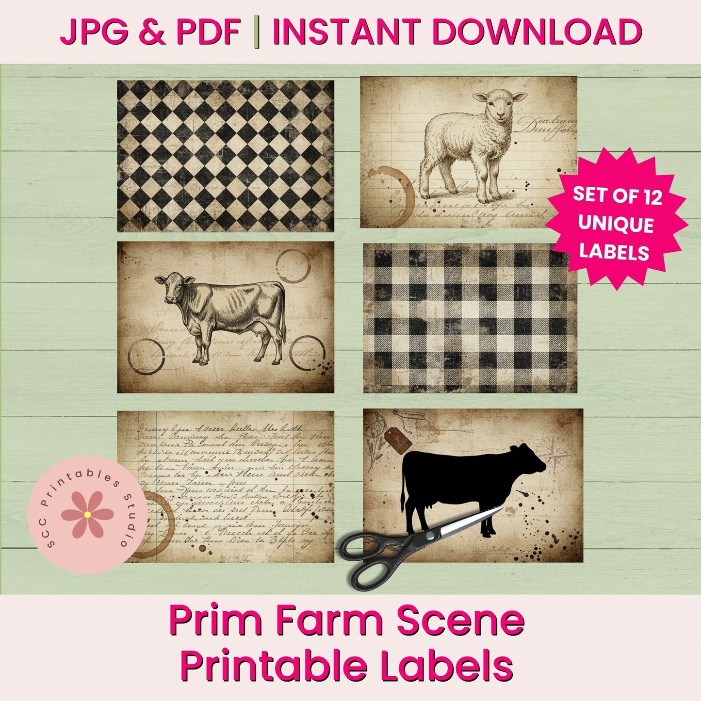 Set of 12 unique Prim Farm Scene printable labels with a cow, sheep, and checkered patterns on a wooden background.