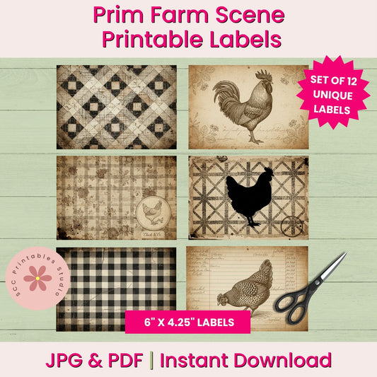 Set of Prim Farm Scene printable labels with rooster and chicken designs on a wooden background.