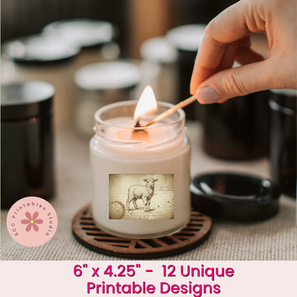 Hand lighting a candle with a match, featuring a small print of a sheep on the candle.