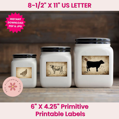 Three white jars with animal-themed labels on a wooden surface, with text about printable labels dimensions and formats.