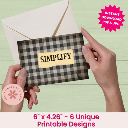 Hand holding a checkered card with 'Simplify' text, envelope, and promotional text overlay on a light green background.