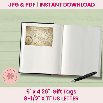 Open book with a pen on a light green wooden surface, featuring text about gift tags dimensions.