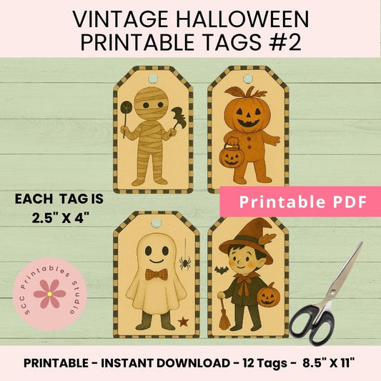 Vintage Halloween printable tags with mummy, pumpkin, ghost, and witch designs on a green wooden background.