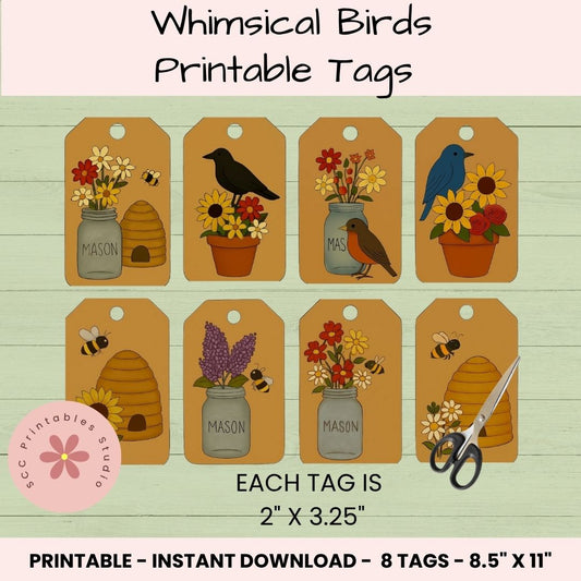 Printable Bird & Bee Gift Tags – Blackbird, Robin, Bluebird & Bumble Bee Designs for Gifts, Market Packaging