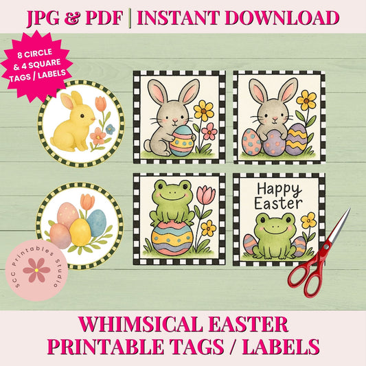 Easter-themed printable tags and labels with rabbits, frogs, and flowers on a green wooden background.