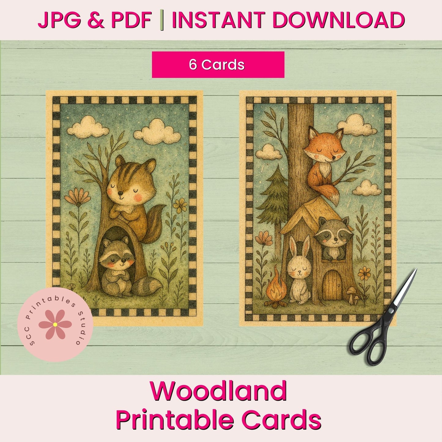 Woodland Printable Cards, Whimsical Forest Animal Collage Sheets (6 Designs, 4x6”), Digital Junk Journal Ephemera