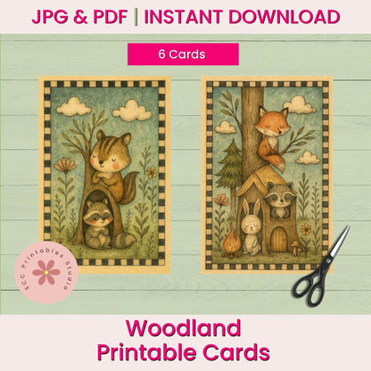 Woodland Printable Cards, Whimsical Forest Animal Collage Sheets (6 Designs, 4x6”), Digital Junk Journal Ephemera