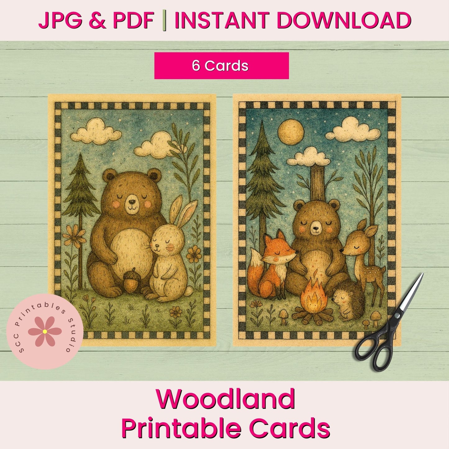 Woodland Printable Cards, Whimsical Forest Animal Collage Sheets (6 Designs, 4x6”), Digital Junk Journal Ephemera
