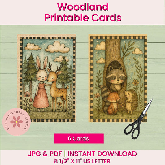Woodland Printable Cards, Whimsical Forest Animal Collage Sheets (6 Designs, 4x6”), Digital Junk Journal Ephemera