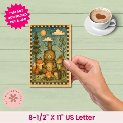 Woodland Printable Cards, Whimsical Forest Animal Collage Sheets (6 Designs, 4x6”), Digital Junk Journal Ephemera