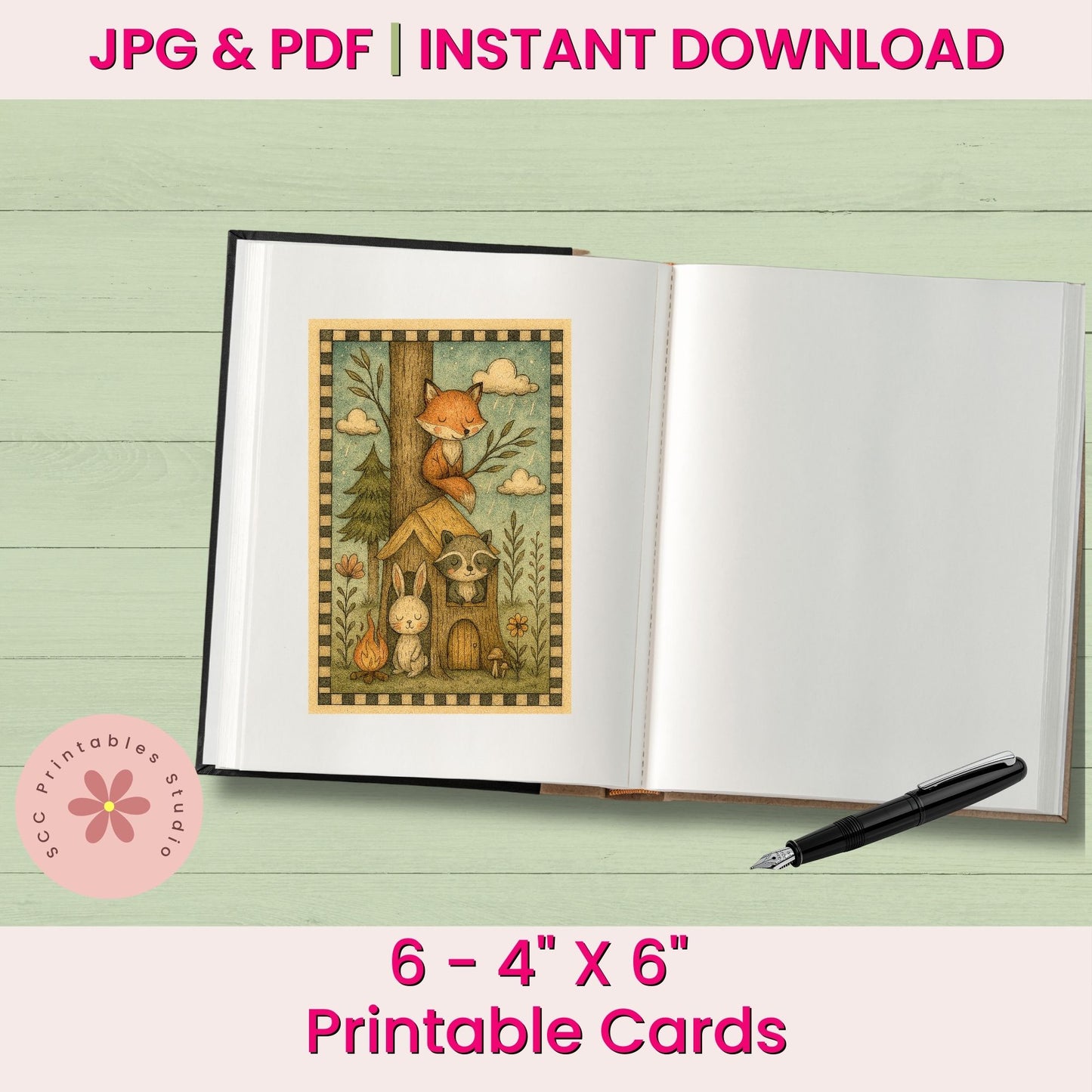 Woodland Printable Cards, Whimsical Forest Animal Collage Sheets (6 Designs, 4x6”), Digital Junk Journal Ephemera