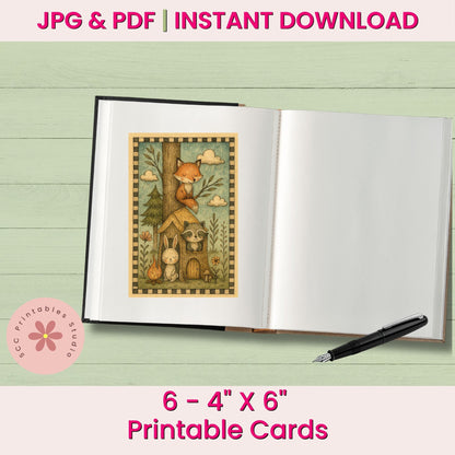 Woodland Printable Cards, Whimsical Forest Animal Collage Sheets (6 Designs, 4x6”), Digital Junk Journal Ephemera