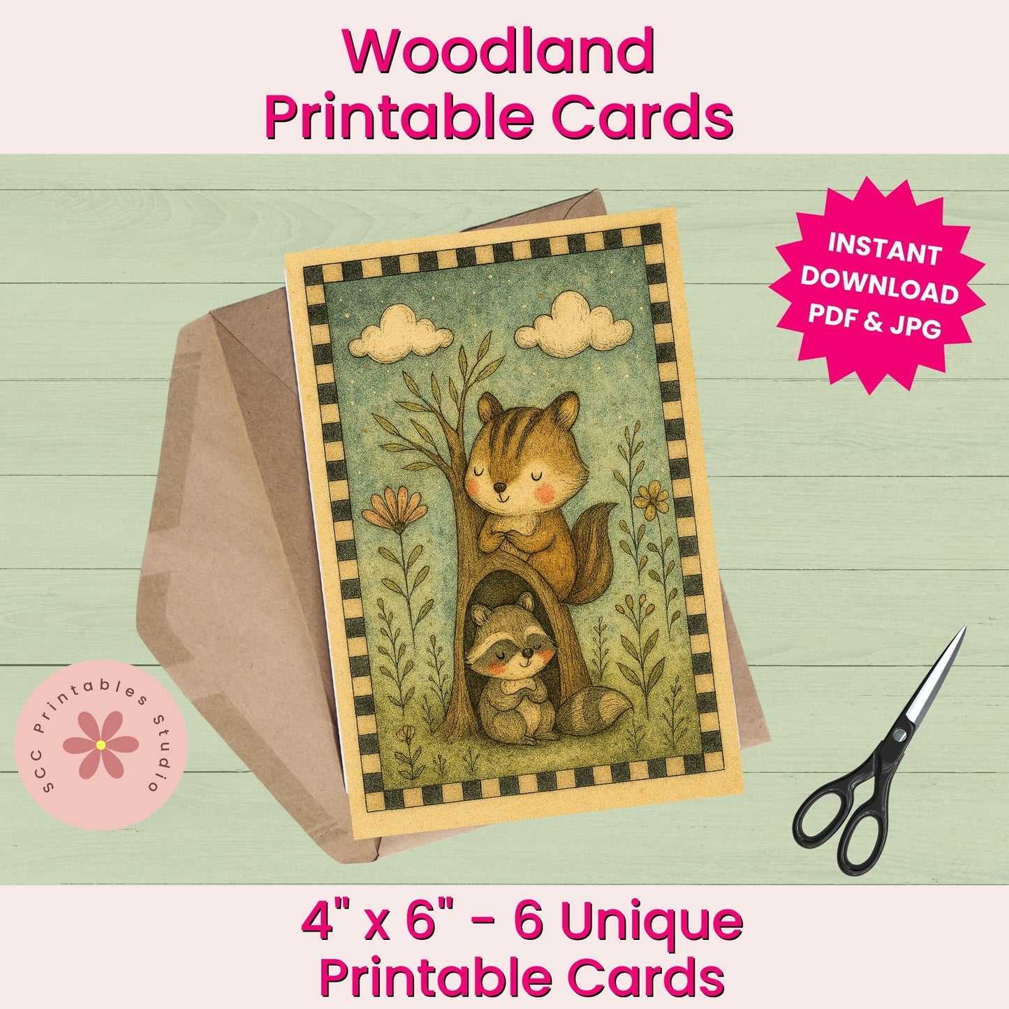 Woodland Printable Cards, Whimsical Forest Animal Collage Sheets (6 Designs, 4x6”), Digital Junk Journal Ephemera
