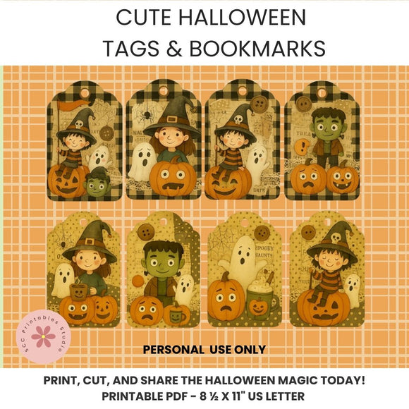 Halloween-themed gift tags on a plaid background with pumpkin illustration.
