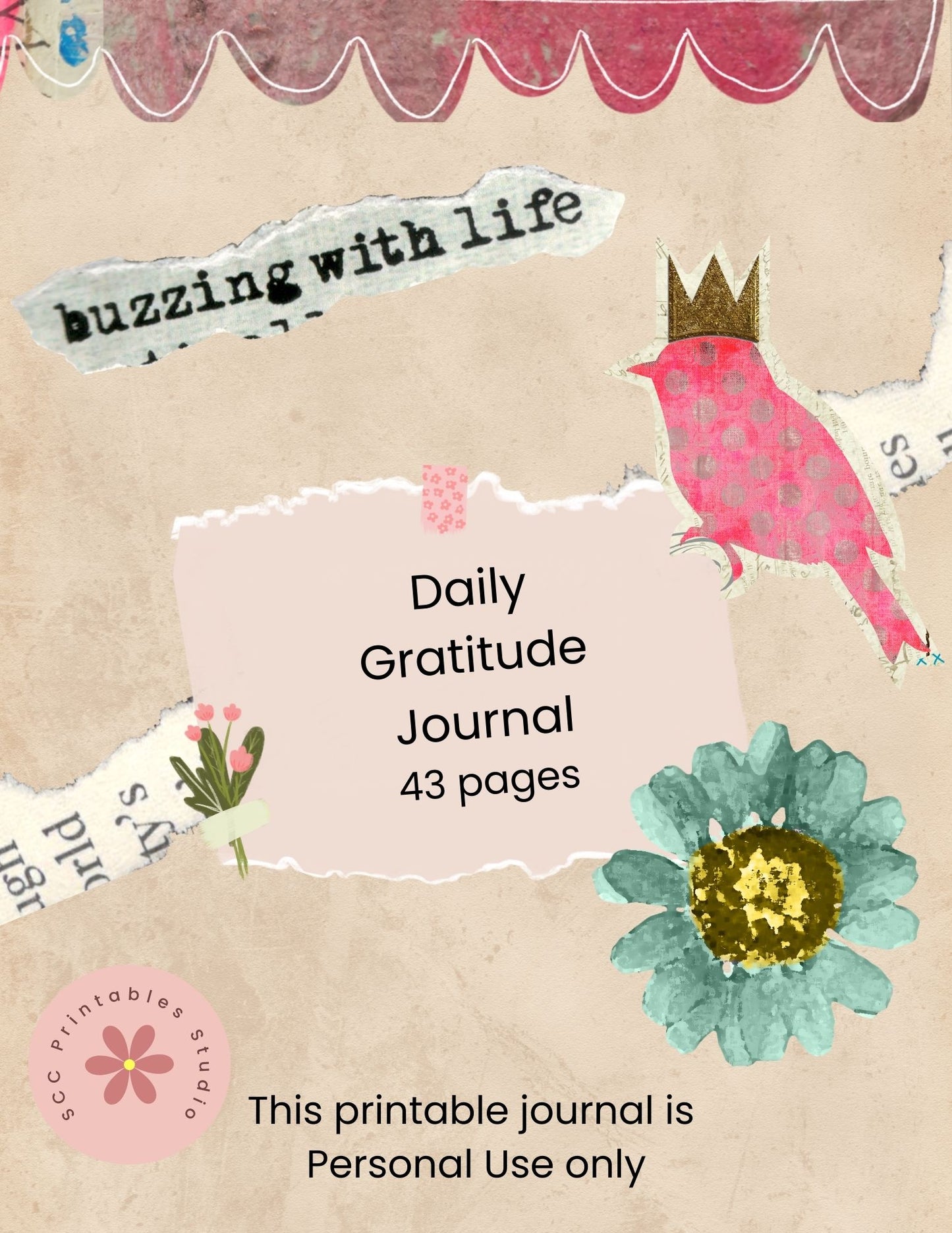 Daily Gratitude Journal cover with a bird, flower, and text on a textured background