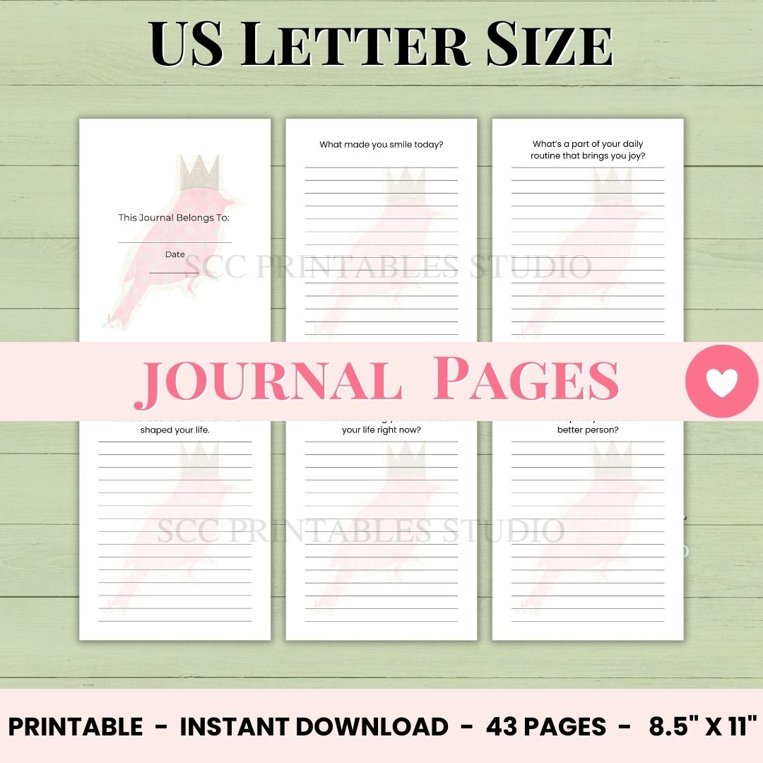 US Letter size journal pages with pink and white design on a green wooden background