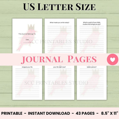 US Letter size journal pages with pink and white design on a green wooden background