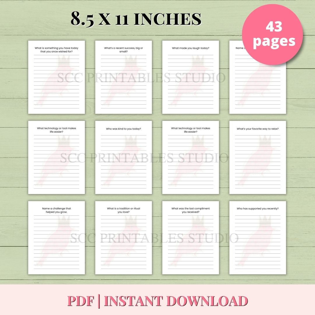 Grid of 8.5 x 11 inch printable pages with text prompts, branded 'SCC Printables Studio', on a green wooden surface.
