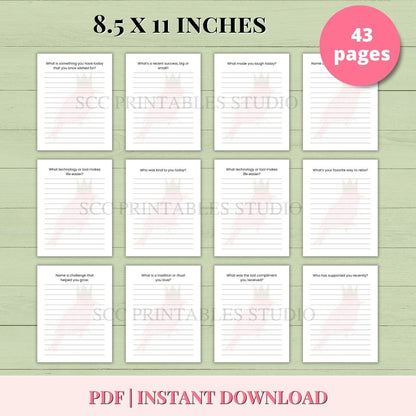 Grid of 8.5 x 11 inch printable pages with text prompts, branded 'SCC Printables Studio', on a green wooden surface.