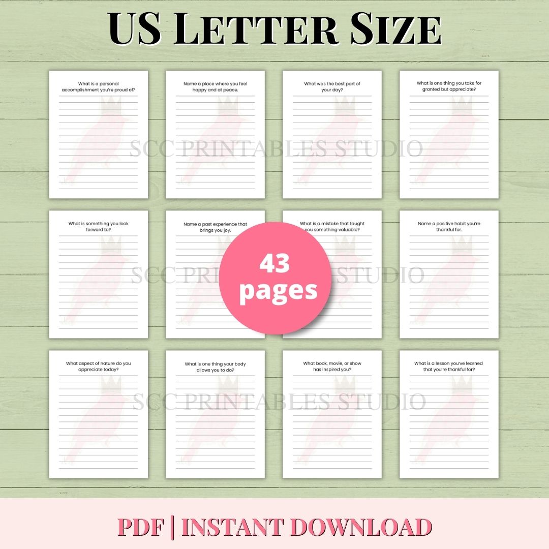 US Letter size printables with a pink circle indicating 43 pages on a green background.