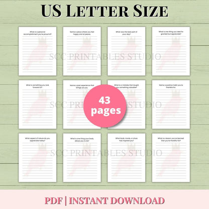 US Letter size printables with a pink circle indicating 43 pages on a green background.