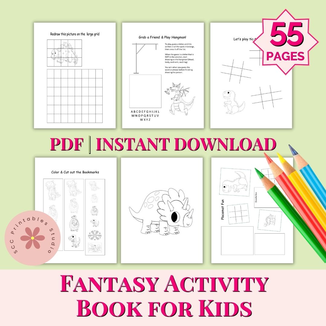 Fantasy Coloring Pages for Kids – Dragons, Games, Bookmarks &amp; Placemats | 55 Printable Activity Sheets (PDF)