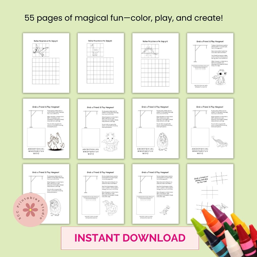 Fantasy Coloring Pages for Kids – Dragons, Games, Bookmarks &amp; Placemats | 55 Printable Activity Sheets (PDF)