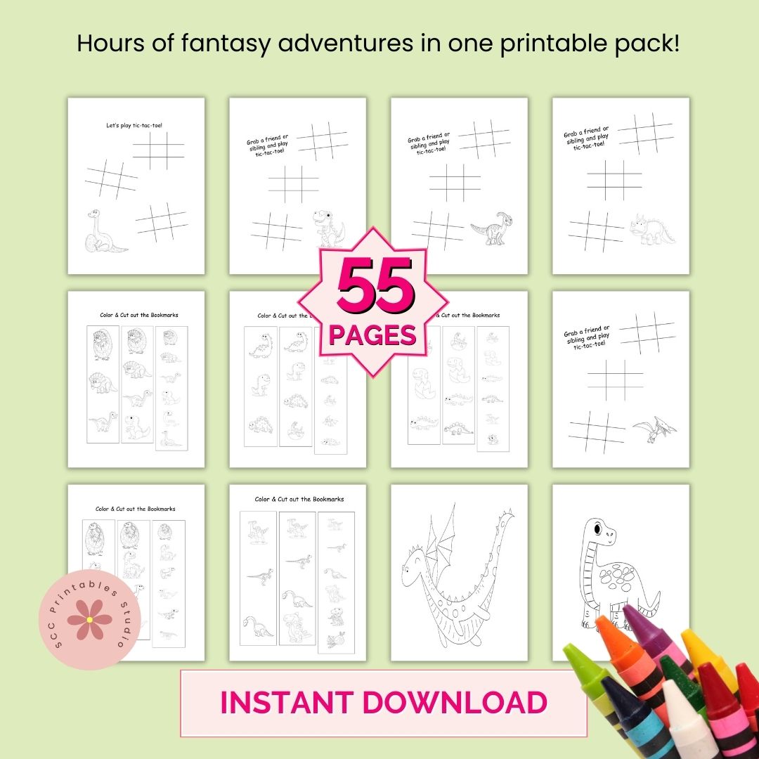 Fantasy Coloring Pages for Kids – Dragons, Games, Bookmarks &amp; Placemats | 55 Printable Activity Sheets (PDF)