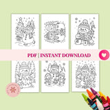 Set of six Christmas-themed coloring pages with crayons on a light green background