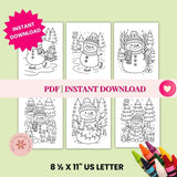 Coloring pages with snowmen and winter scenes, featuring instant download text and crayons on a light green background.