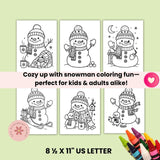Set of snowman coloring pages with crayons on a light green background