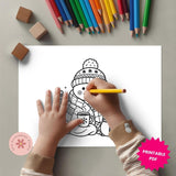 Coloring page with a snowman and coloring pencils on a gray background