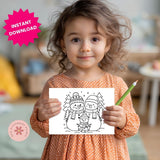 Child holding a coloring page with snowmen and a green pencil, with 'Instant Download' text overlay.