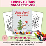 Frosty Friends coloring book with pages and crayons on a light green background