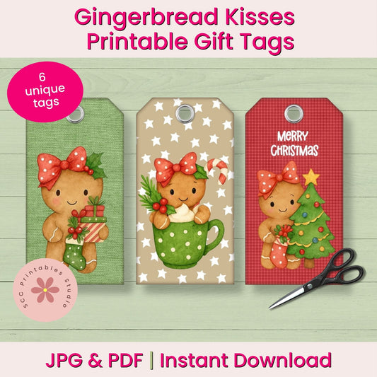 Promotional graphic for printable gingerbread kiss gift tags, showing three decorated tags with a gingerbread character and holiday motifs on a light wood background, with text reading 'Gingerbread Kisses Printable Gift Tags' and 'JPG & PDF | Instant Download'.