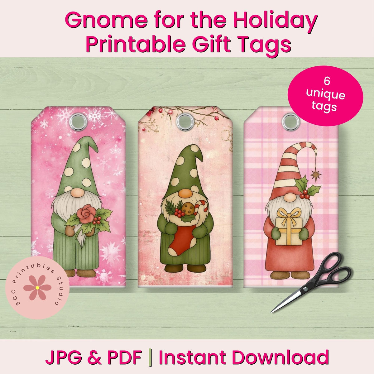 Three printable gnome gift tags with holiday illustrations on a light green wood background, with text reading 'Gnome for the Holiday Printable Gift Tags,' '6 unique tags,' 'JPG & PDF | Instant Download,' and a pair of scissors.