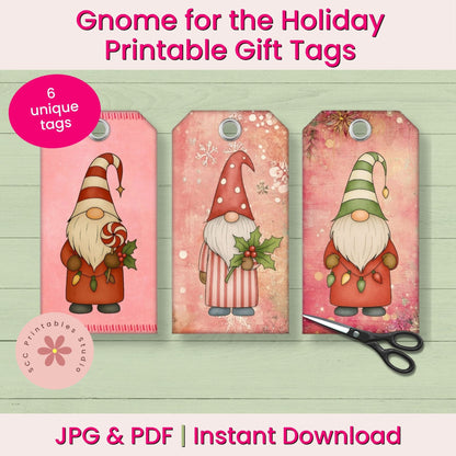 Three festive gnome gift tags displayed on a light green wood background, with text reading 'Gnome for the Holiday Printable Gift Tags' and 'JPG & PDF | Instant Download.' The tags feature different holiday gnome illustrations in pink, red, green, and orange tones.