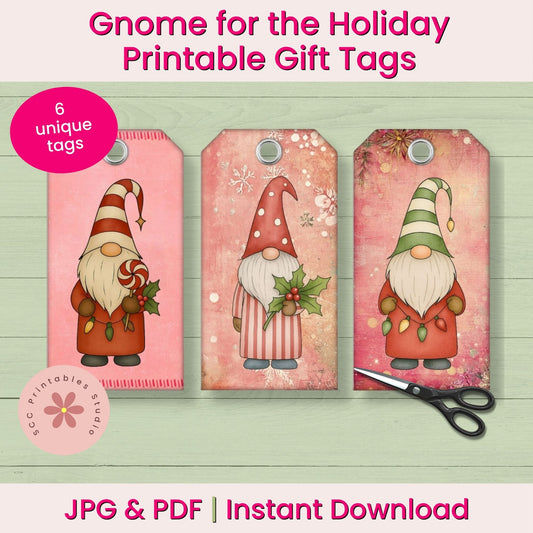 Three festive gnome gift tags displayed on a light green wood background, with text reading 'Gnome for the Holiday Printable Gift Tags' and 'JPG & PDF | Instant Download.' The tags feature different holiday gnome illustrations in pink, red, green, and orange tones.