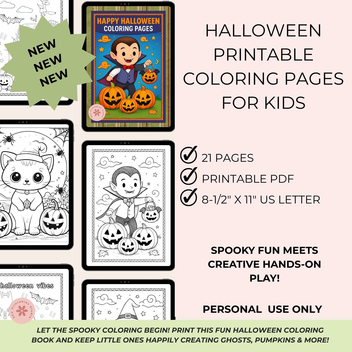 Halloween printable coloring pages for kids with a sample page featuring a child and pumpkins.