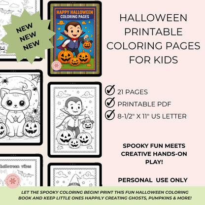 Halloween printable coloring pages for kids with a sample page featuring a child and pumpkins.
