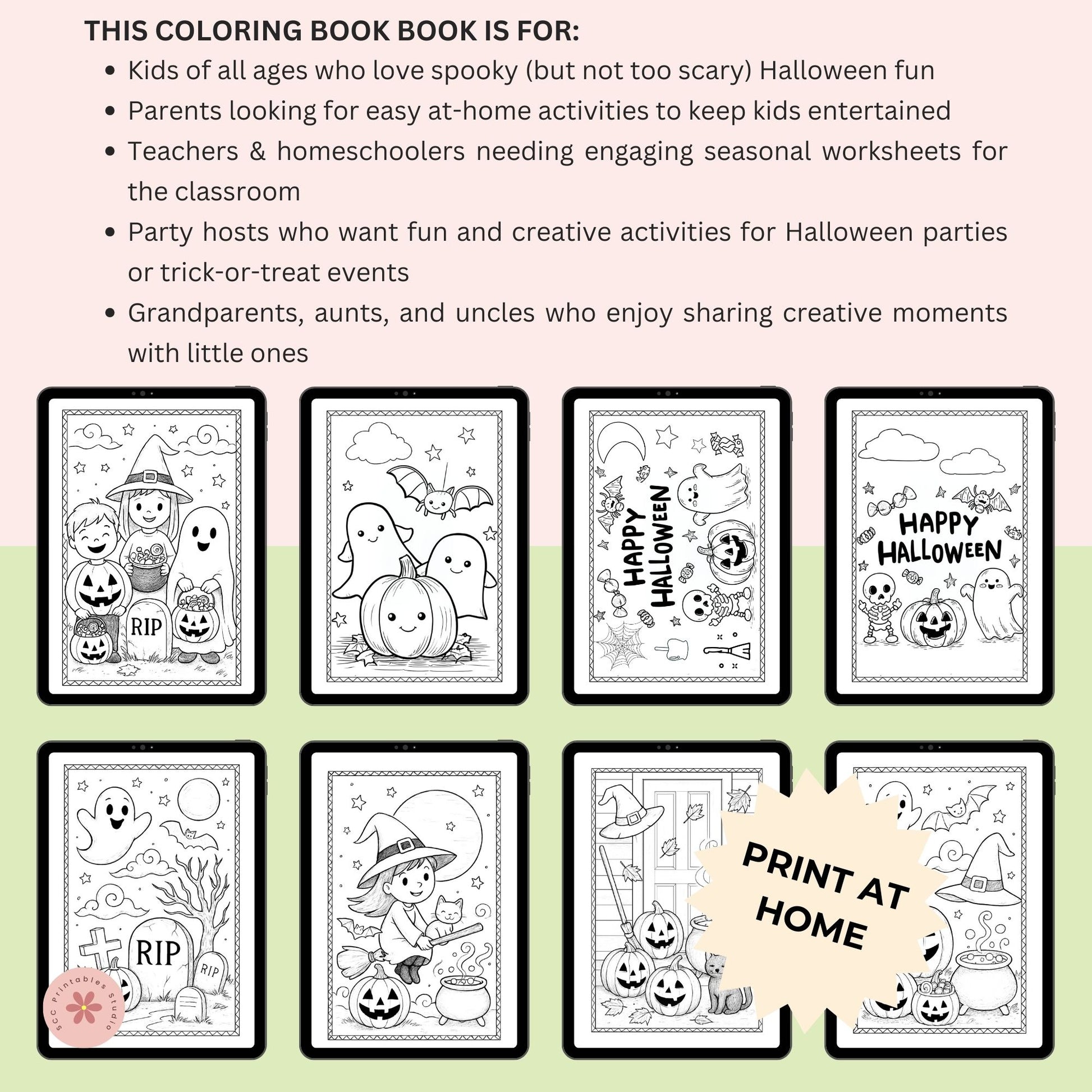 Halloween-themed coloring book pages with text describing target audiences.