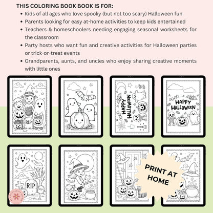 Halloween-themed coloring book pages with text describing target audiences.
