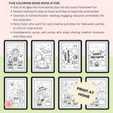 Halloween-themed coloring book pages with text describing target audiences.